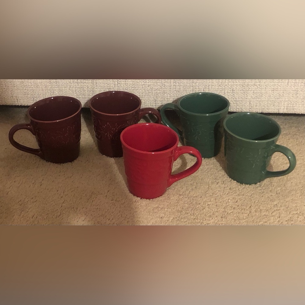 Assorted Red, Green and Burgundy Coffee Mugs - Set of 5